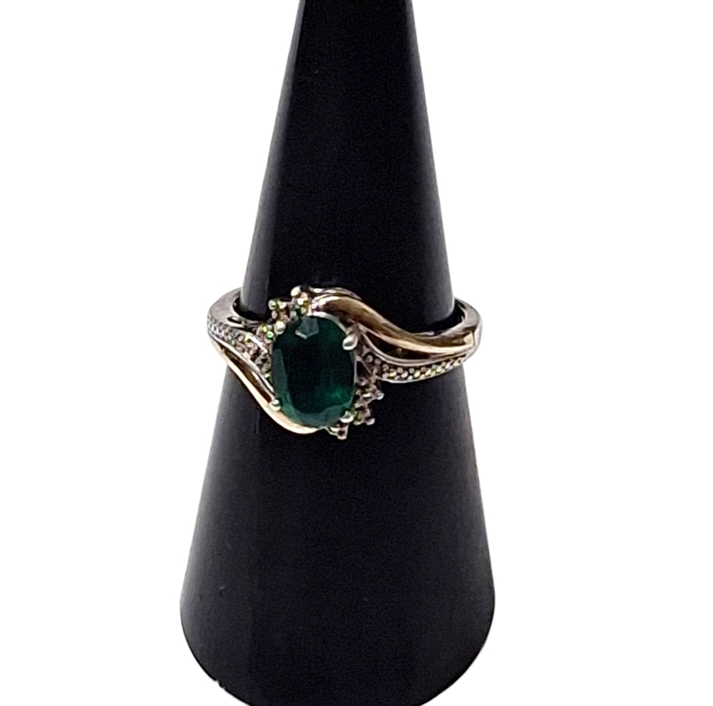 Sterling Silver 10k Gold Emerald Diamond Ring 3.07g Sz 6.5 (Lab Created Gems)